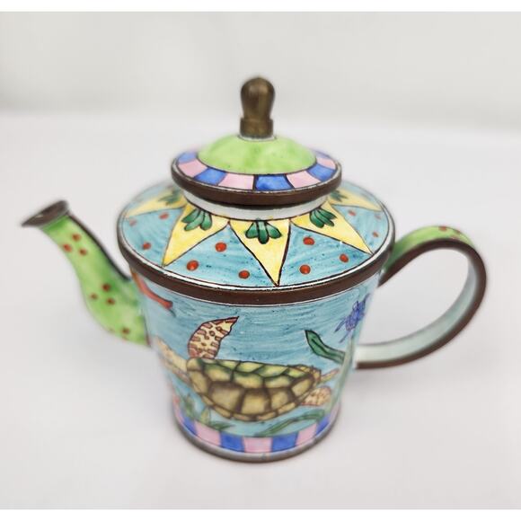 Kelvin Chen Miniature Enameled Tea Pot Trinket Box 1999 Sea Turtle ocean No 495 - Picture 1 of 9
